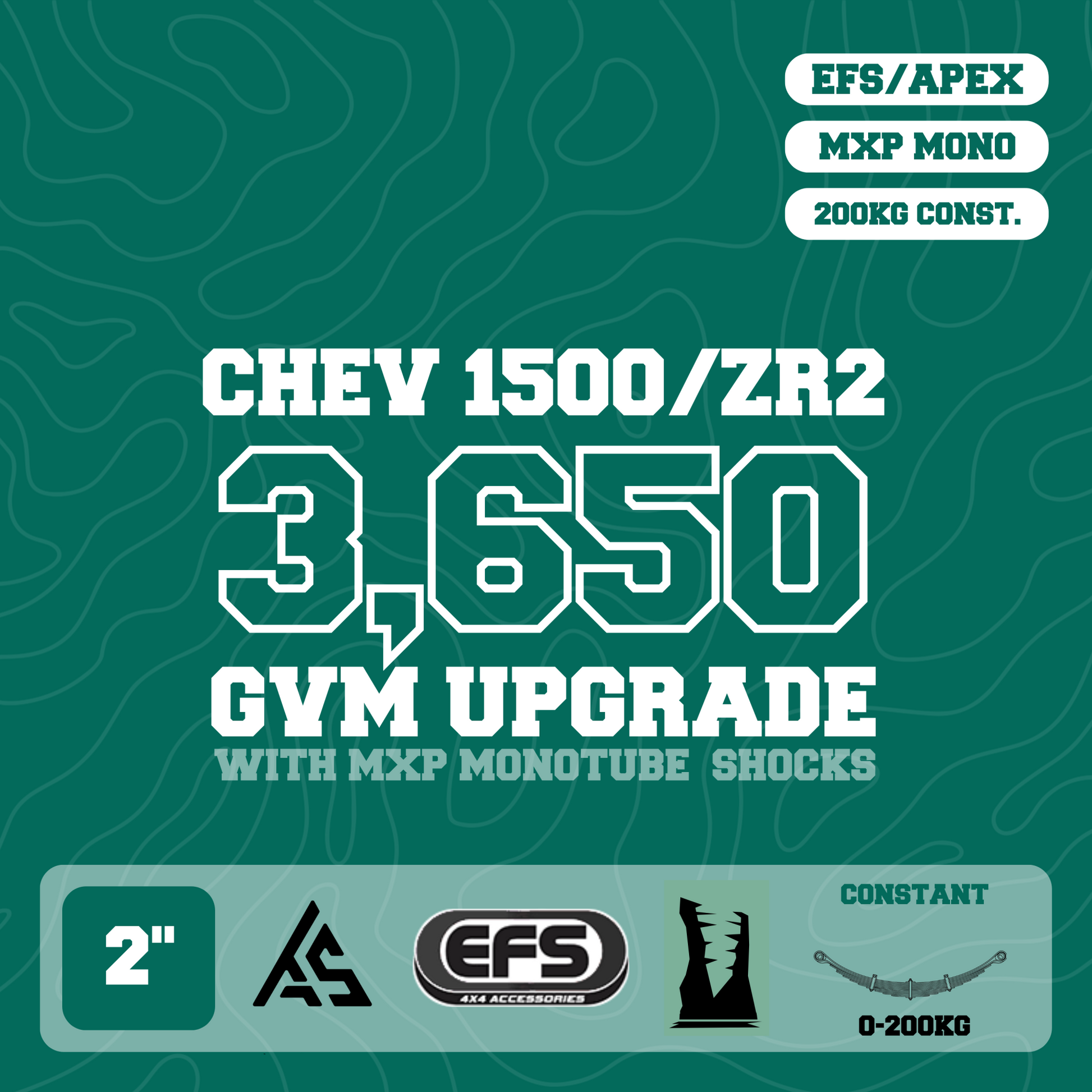 3,650kg GVM Upgrade, 2" Lift, EFS MXP 2.5" Monotube Shocks, 250kg Leaf