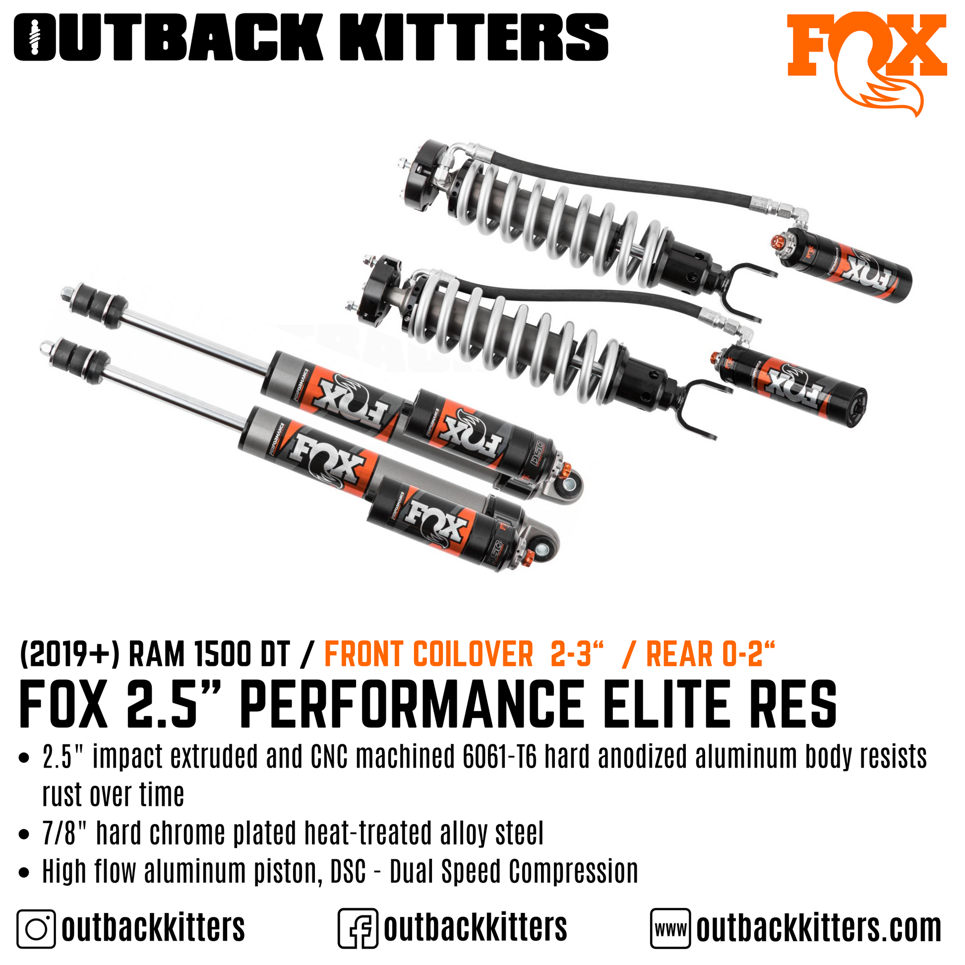 Fox Performance Elite 2.5" Remote Res Shocks for 2019+ Ram 1500 DT - Outback Kitters