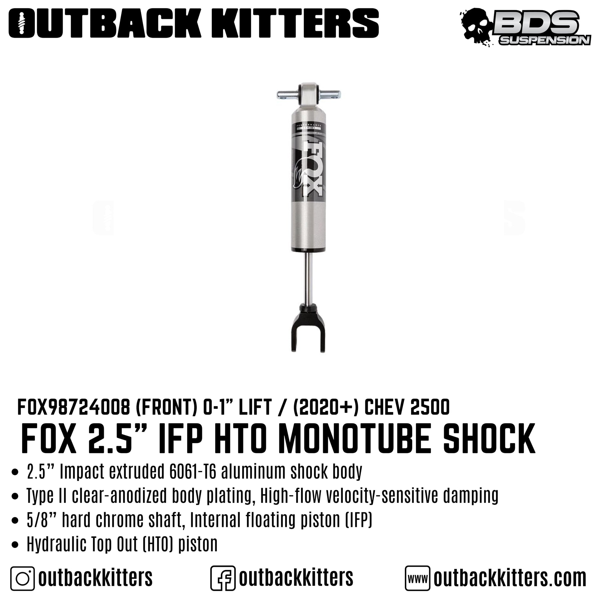 Fox 2.5" Smooth Body IFP HTO Front Shock to suit 0-1" Lift, Performance Series, Single